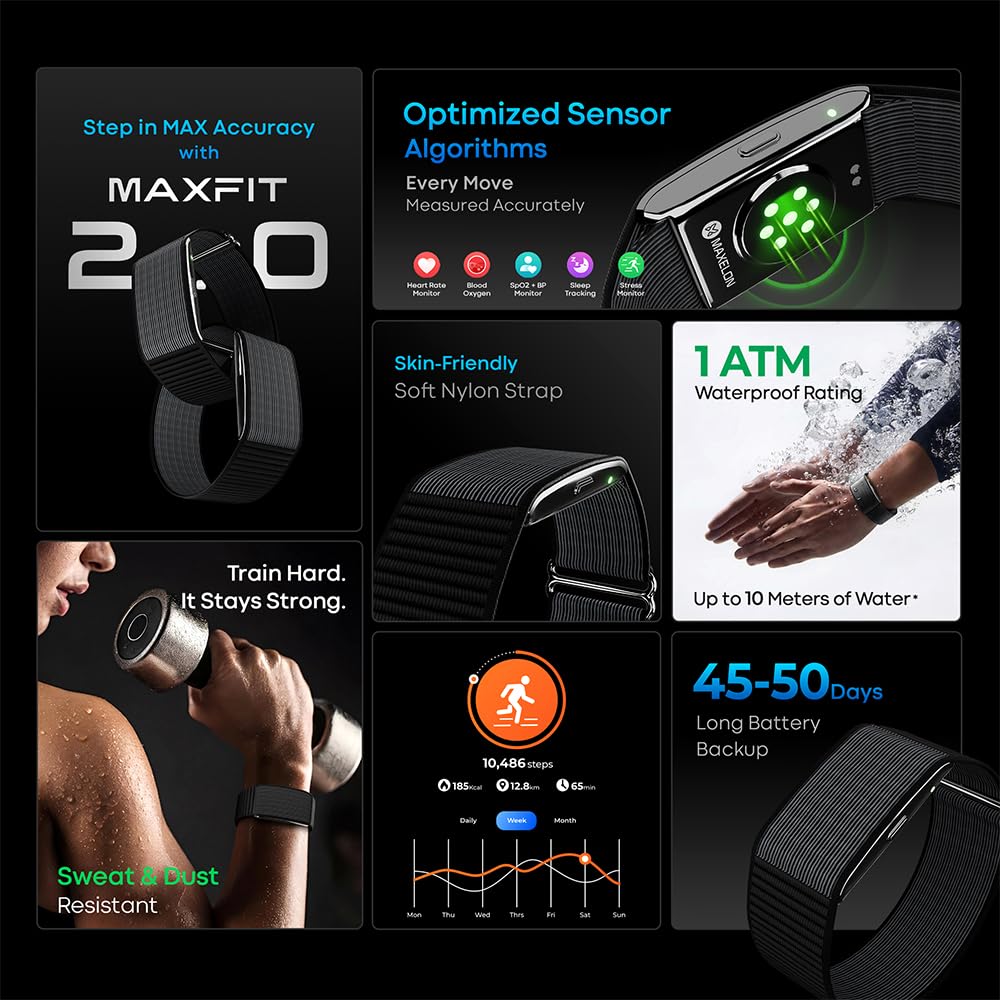 Maxelon Maxfit 2.0 Fitness Smart Band with Upto 47 Days Battery | 176+ Sports Modes | 24/7 Heart Rate, Stress,HRV Monitor | Supports 41 Languages | Screenless & Sleek | iOS/Android Support (Black) - Image 8