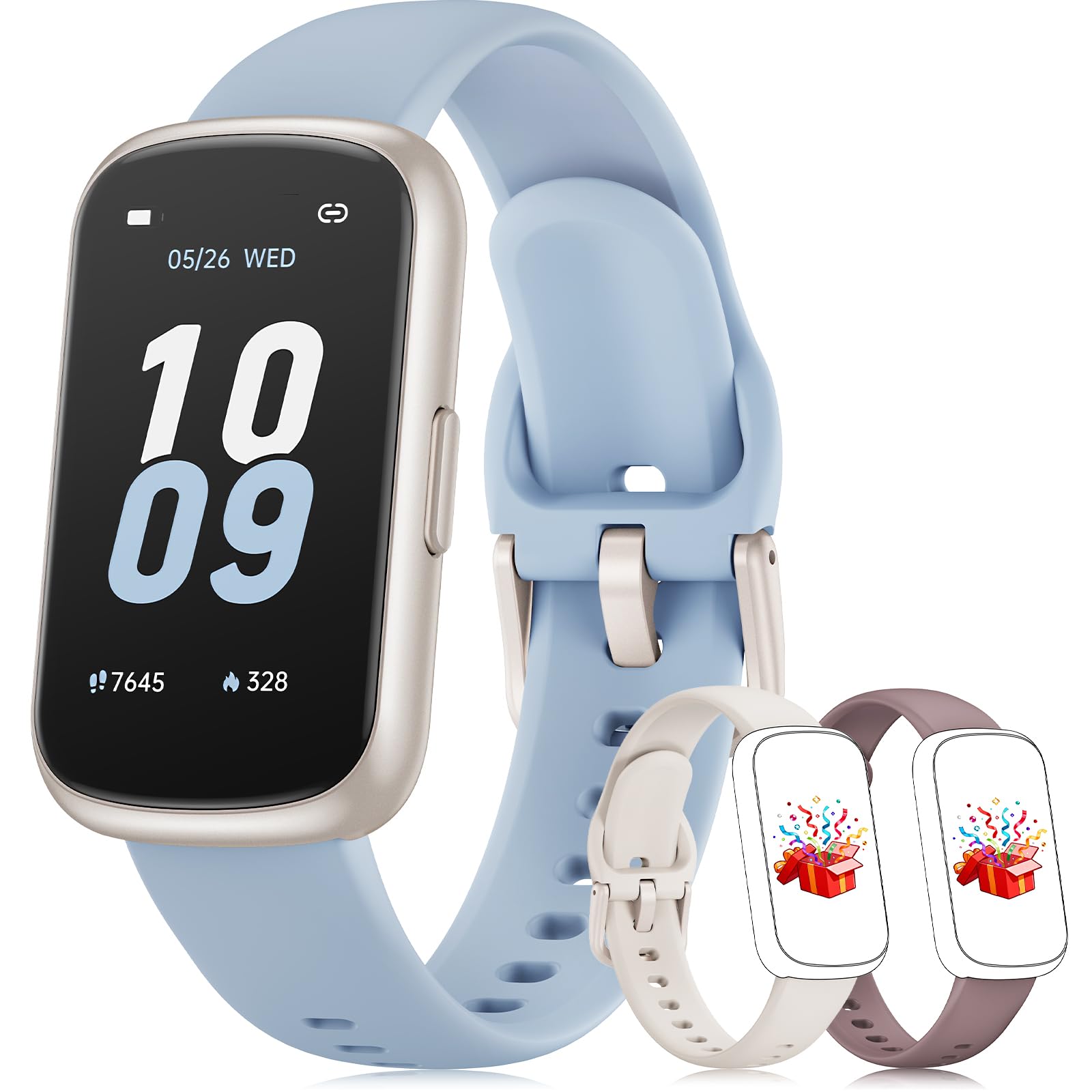 BOALZETD Fitness Tracker with 24/7 Heart Rate Monitor, Sleep Tracker - 3 ATM Waterproof Fitness Watch Calorie Step Counter Smart Watch Includes 3 Sport Bands for Android iOS Women Men, Starlight/Blue - Image 2