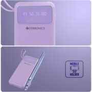 ZEBRONICS MB10000S6 Power Bank, 10000 mAh, 12W, 5 x Outputs - Dual USB A | Type C | Micro USB | Lightning, Built in I/O Cables, Percentage Display, Carry Loop, Made in India (Lavender)