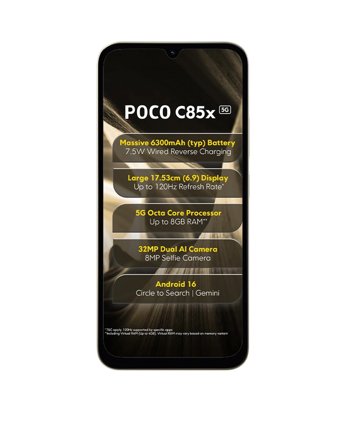 POCO C85x 5G Smartphone, Sunset Gold, 6.9 Inch Display, 32MP Dual AI Camera, 6300mAh Battery, 64GB Storage - Image 3
