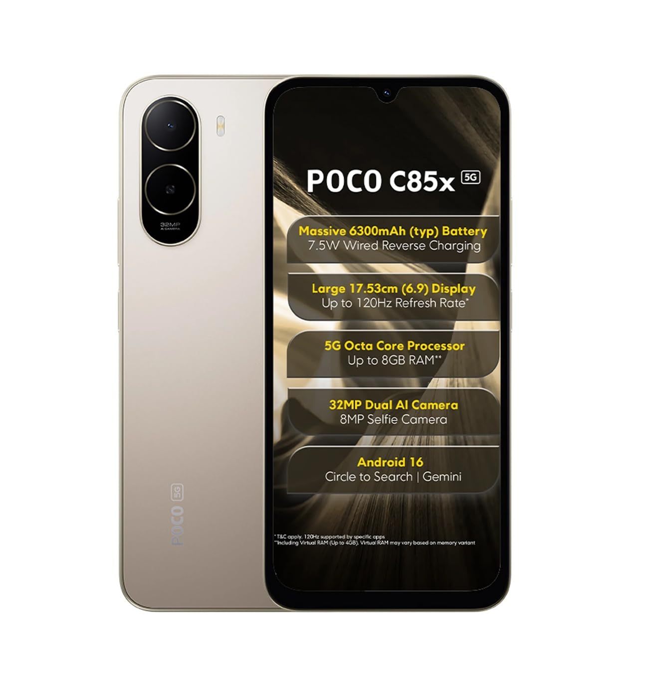 POCO C85x 5G Smartphone, Sunset Gold, 6.9 Inch Display, 32MP Dual AI Camera, 6300mAh Battery, 64GB Storage - Image 2