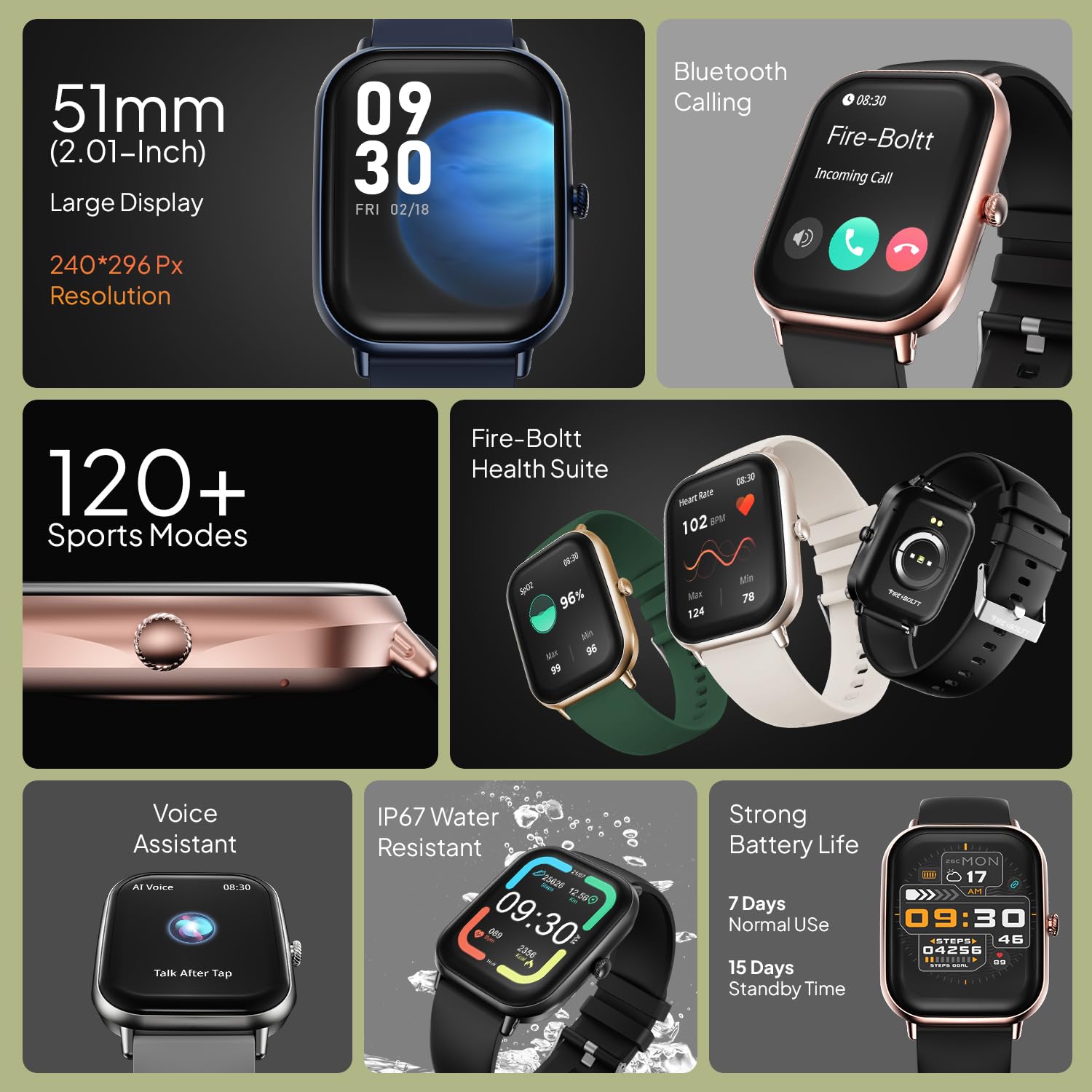 Fire-Boltt Ninja Call Pro Max Bluetooth Calling Smart Watch, 2.01″ HD Display, 120+ Sports Modes, Health Suite, AI Voice Assistance, SpO2 & Heart Rate Monitor Smartwatch for Men & Women - Green - Image 4