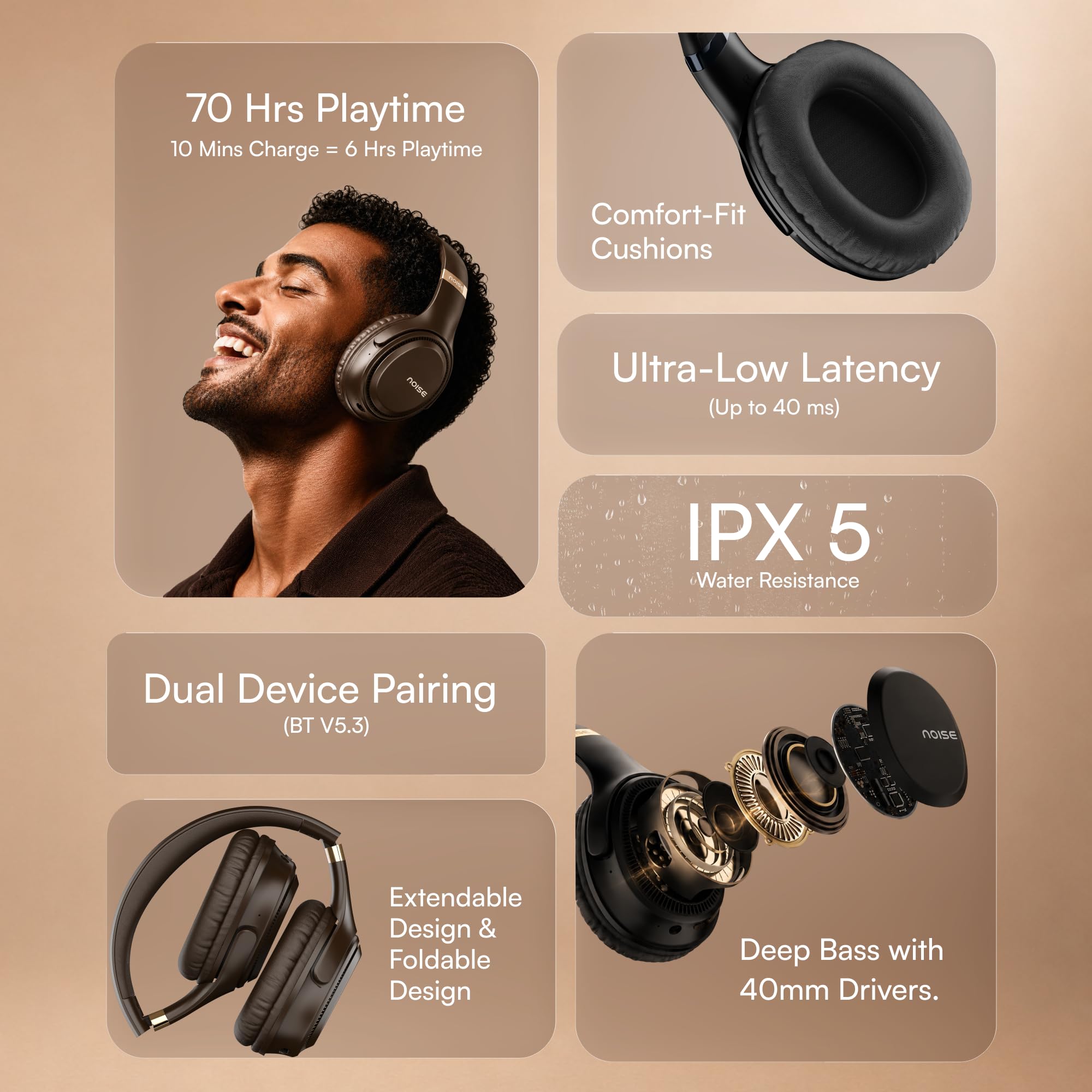 Noise Airwave Max 3 Bluetooth On Ear Headphones with 70H Playtime, 40mm Driver, Low Latency(up to 45ms),Dual Pairing, BT v5.3 (Dark Brown) - Image 3