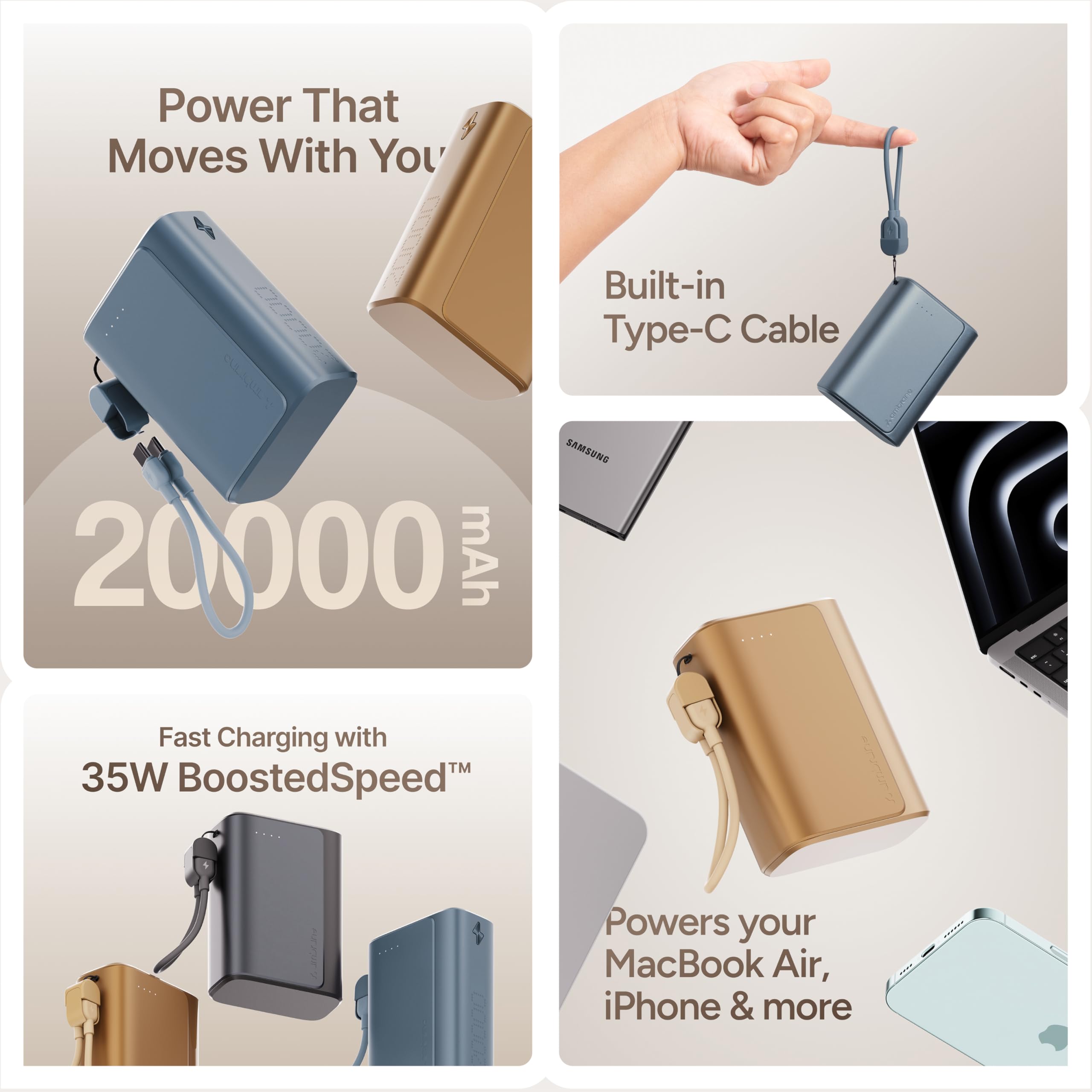 Ambrane 20000mAh 35W Fast Charging Small Pocket Size Powerbank, Hanging InBuilt Type C Cable, Type C PD & USB Output for iPhone, Android Mobiles & Other Devices (PowerMini 20, Golden) - Image 3