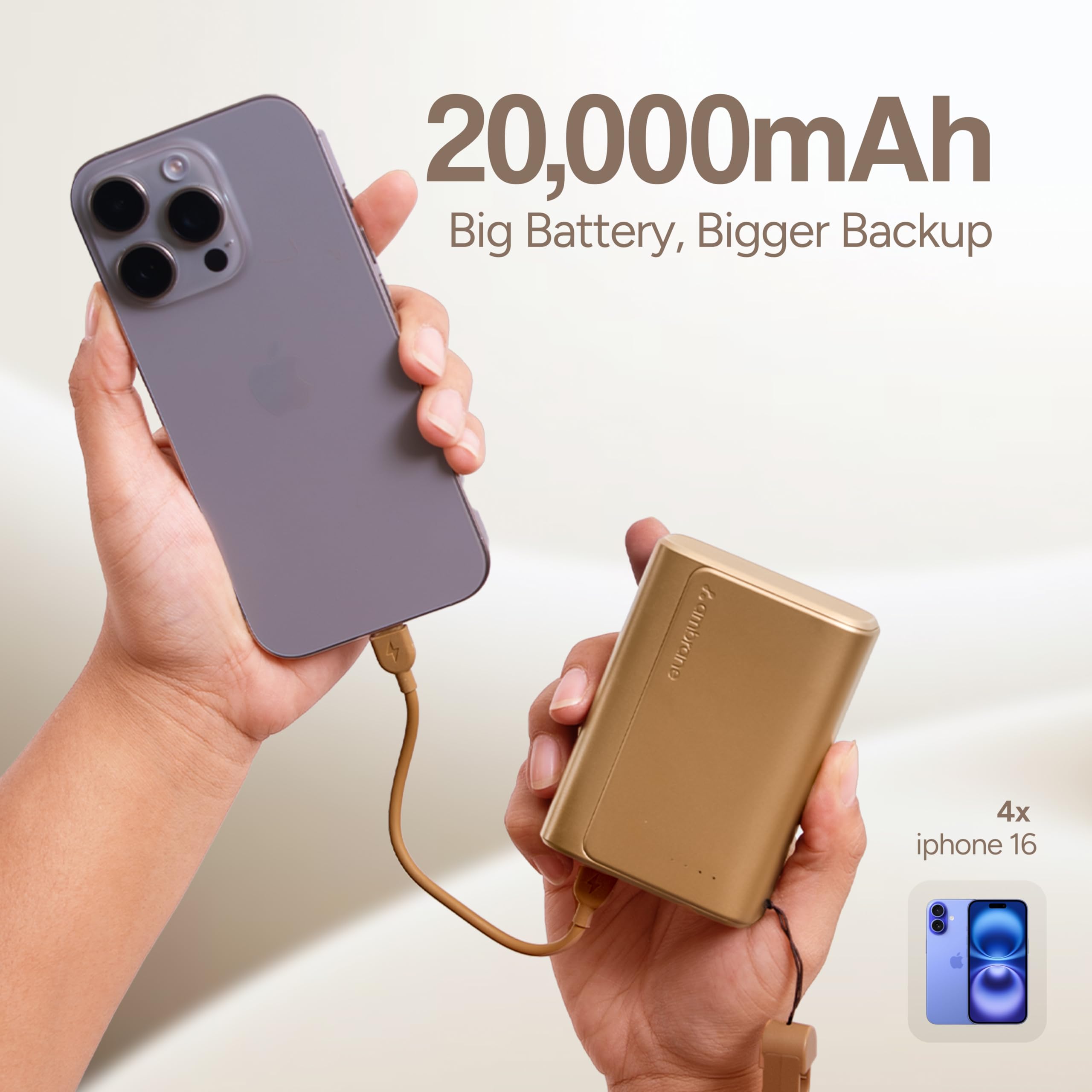 Ambrane 20000mAh 35W Fast Charging Small Pocket Size Powerbank, Hanging InBuilt Type C Cable, Type C PD & USB Output for iPhone, Android Mobiles & Other Devices (PowerMini 20, Golden) - Image 7