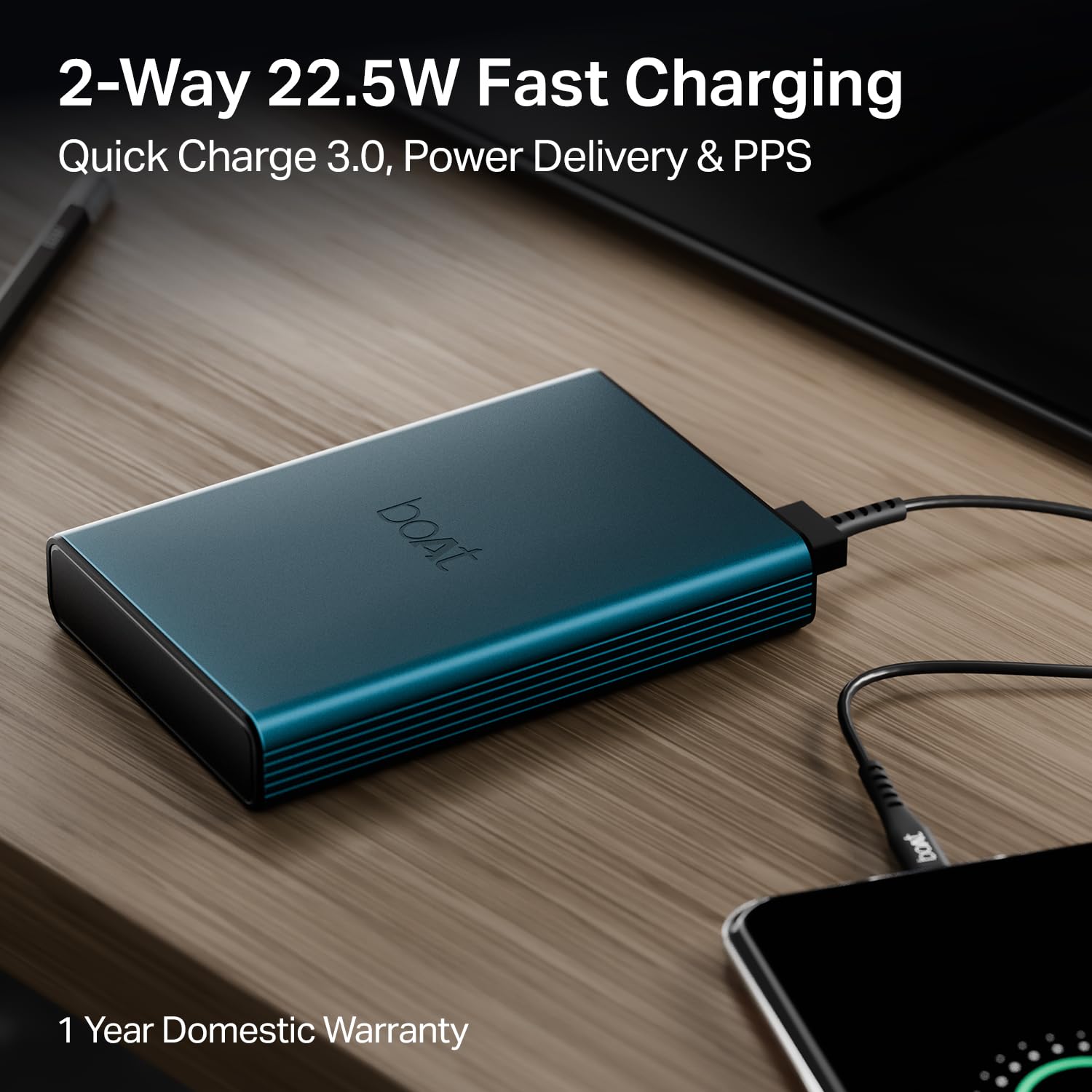 Boat Energyshroom PB300 Pro 10000 mAh 22.5W Pocket Size, Compact Power Bank, Fast Charging (2X Output Ports, Supports Android, iPhone, Tablets, Earbuds, etc.) (Steel Blue), USB Type C - Image 4