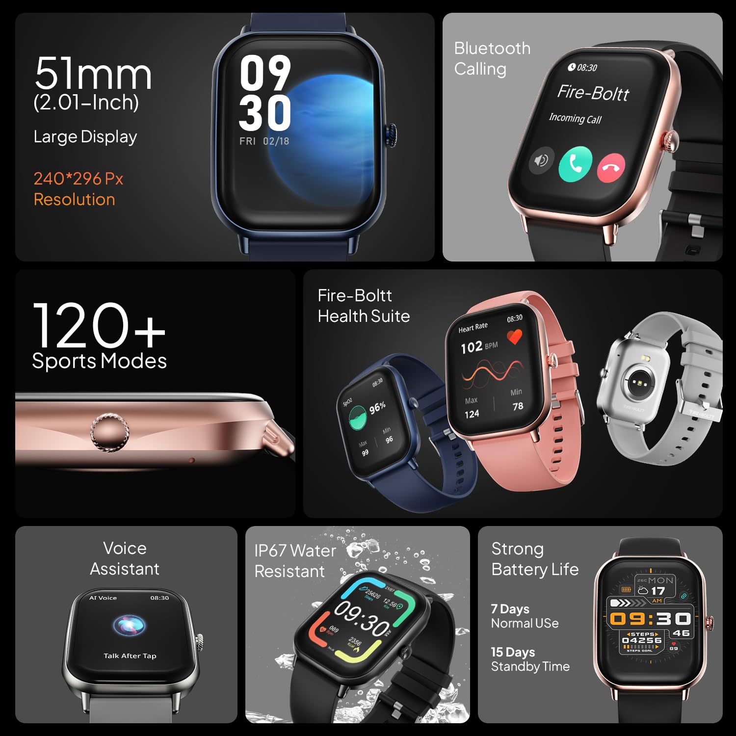 Fire-Boltt Ninja Call Pro Max Bluetooth Calling Smart Watch, 2.01" HD Display, 120+ Sports Modes, Health Suite, AI Voice Assistance, SpO2 & Heart Rate Monitor Smartwatch for Men & Women - Black - Image 4