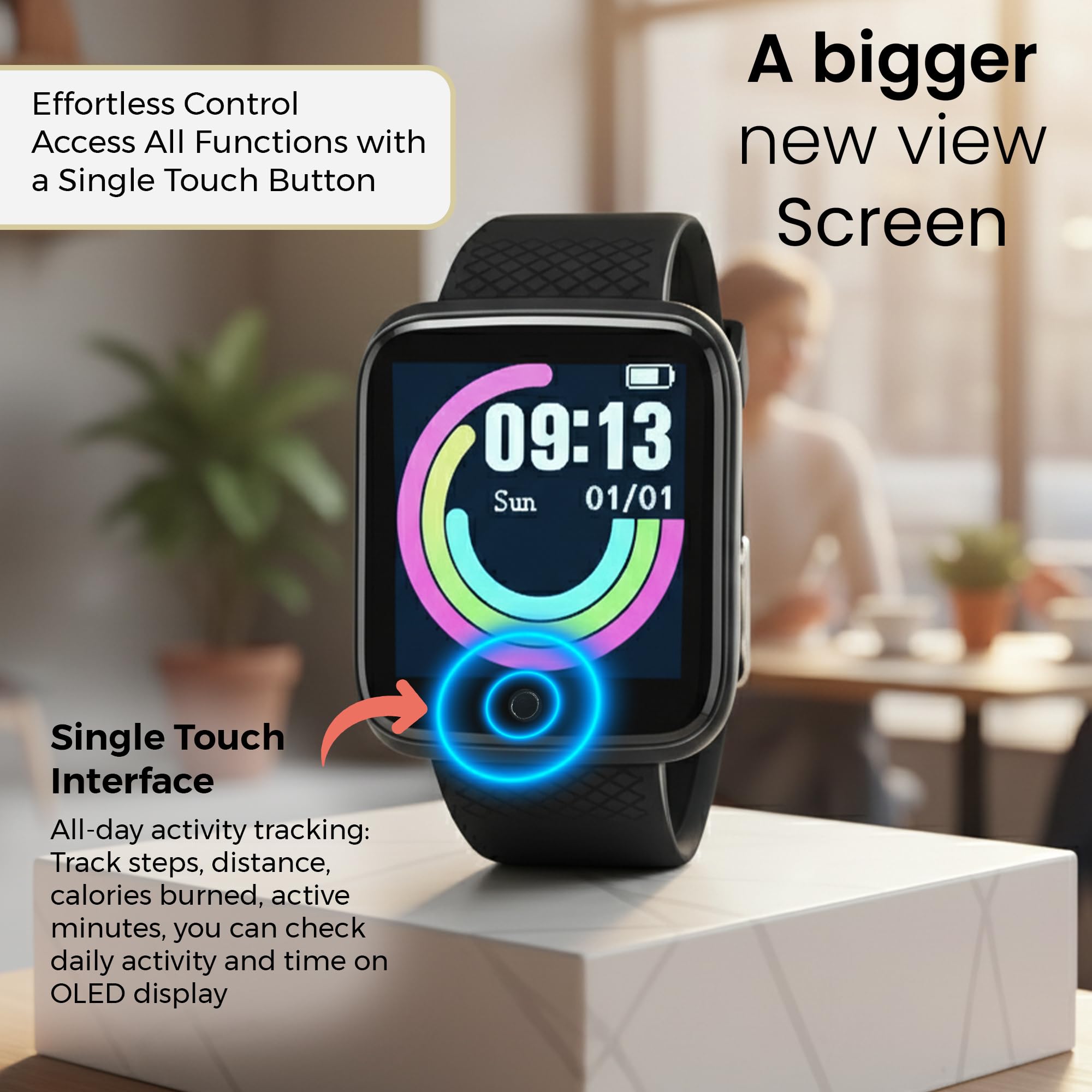 Bouncefit D20 Y68 Fitness Band Smart Watch for Men, Women, Boys, Girls, Kids – Single Touch Interface, Water Resistant, Workout Modes, Quick Charge Sports Smartwatch – Jet Black - Image 6