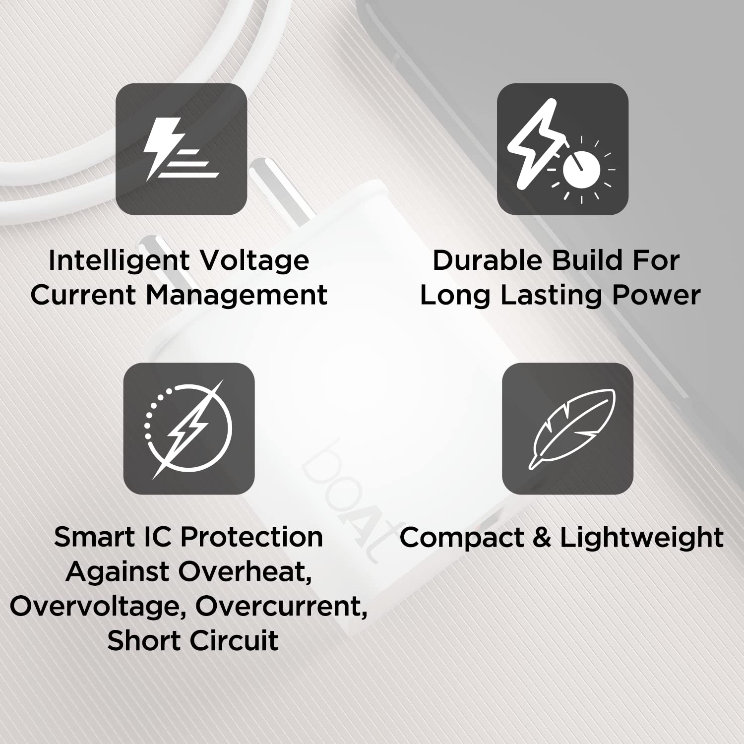Boat WCDV 22.5W Dual Port Fast Charger, Overheat/Overcharge Protection, Auto Detection for Samsung, Xiaomi & Android Users with Type C to Type C Cable (White) - Image 3