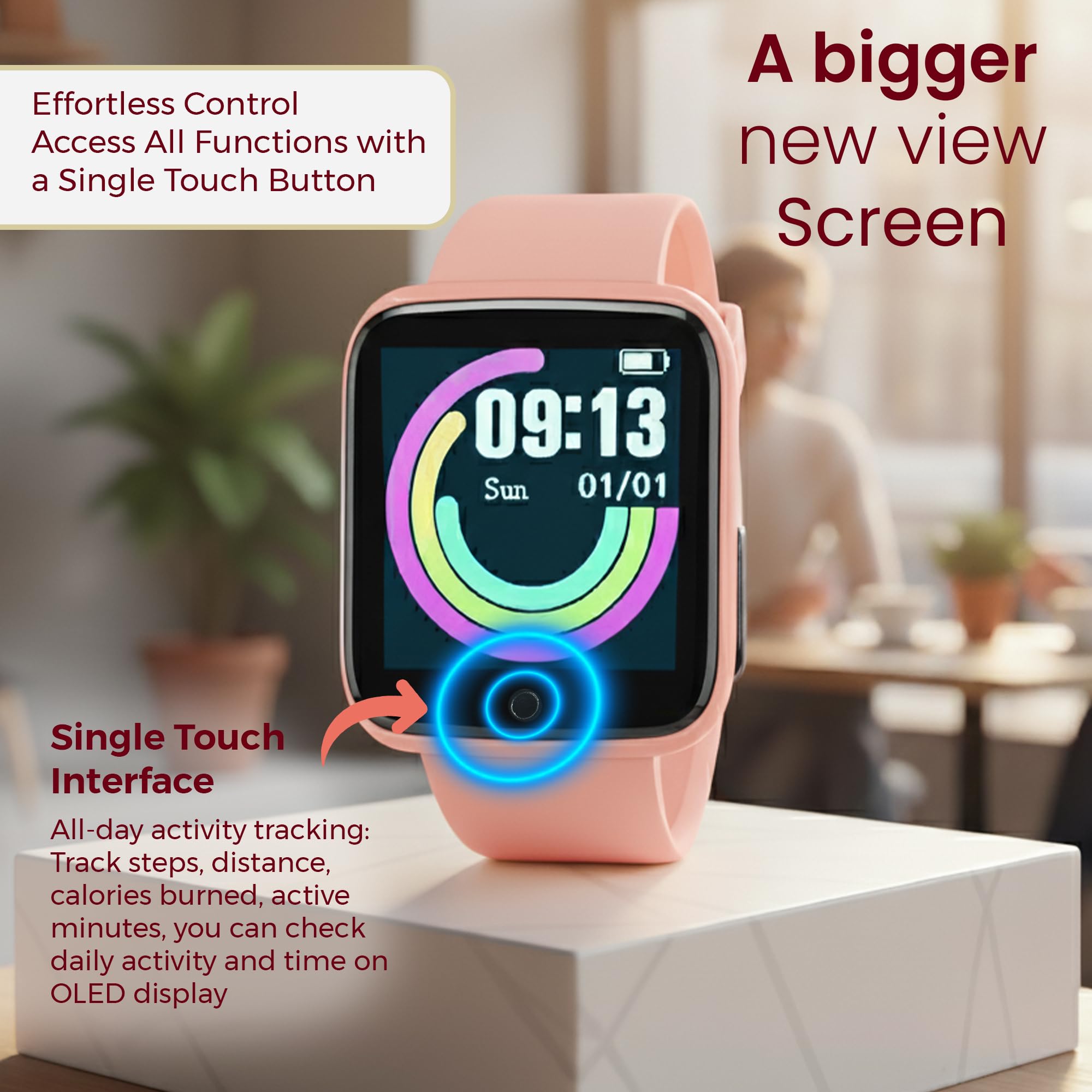 Bouncefit D20 Y68 Fitness Band Smart Watch for Men, Women, Boys, Girls, Kids – Single Touch Interface, Water Resistant, Workout Modes, Quick Charge Sports Smartwatch – Pink - Image 6