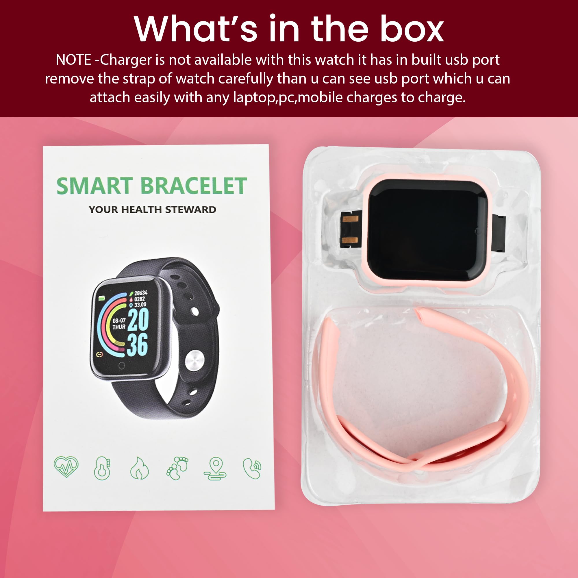 Bouncefit D20 Y68 Fitness Band Smart Watch for Men, Women, Boys, Girls, Kids – Single Touch Interface, Water Resistant, Workout Modes, Quick Charge Sports Smartwatch – Pink - Image 7