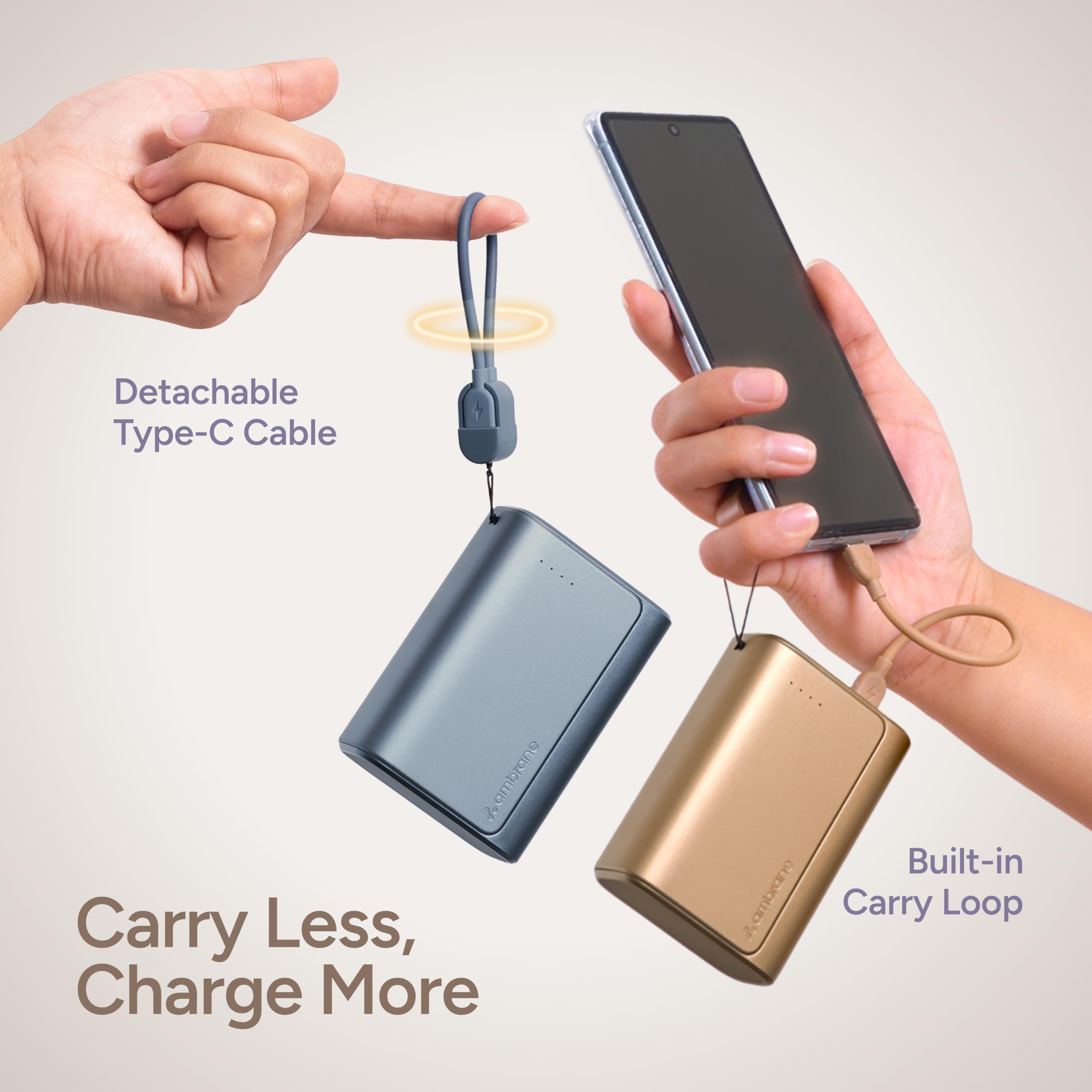 Ambrane 20000mAh 35W Fast Charging Small Pocket Size Powerbank, Hanging InBuilt Type C Cable, Type C PD & USB Output for iPhone, Android Mobiles & Other Devices (PowerMini 20, Golden) - Image 6