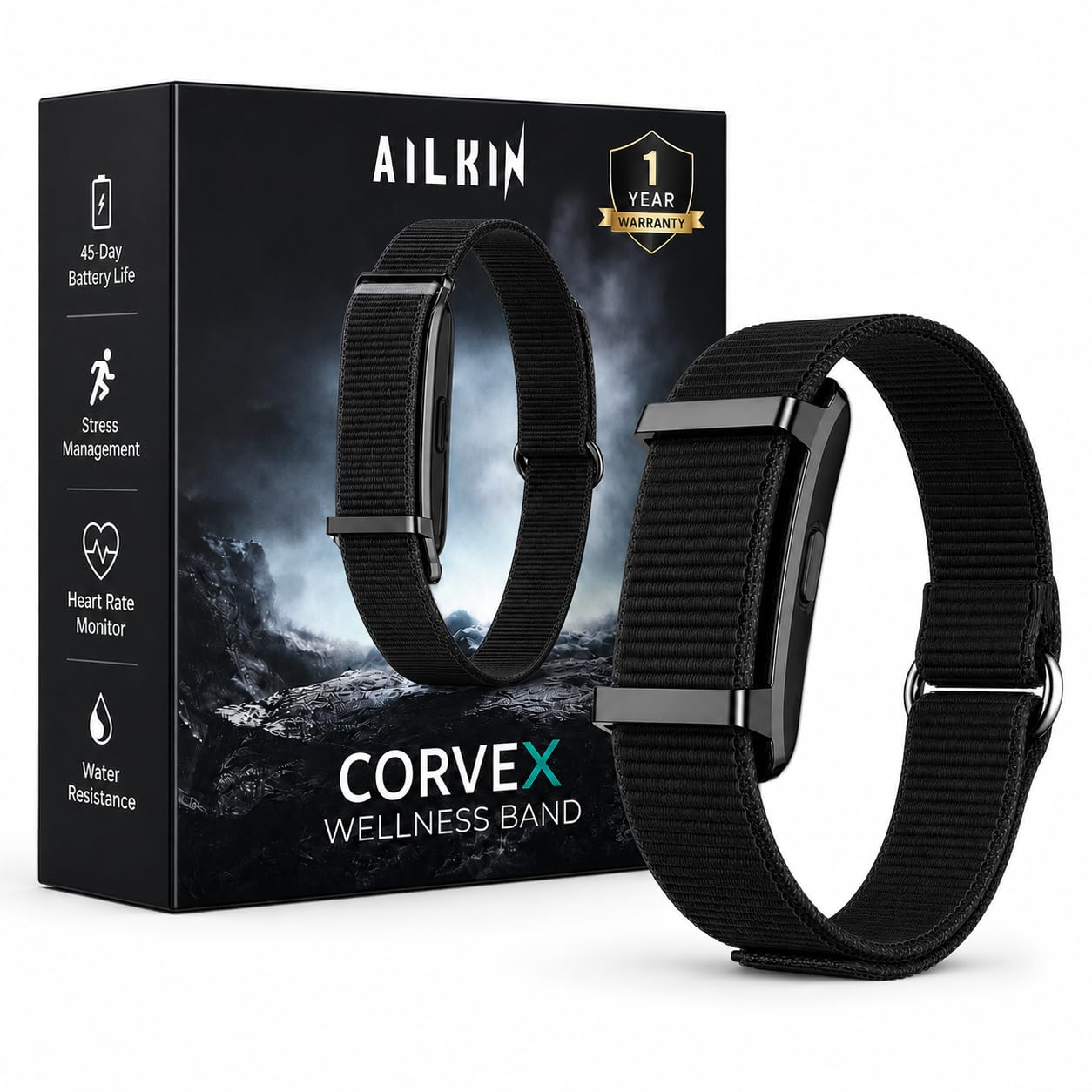 AILKIN Corvex Fitness Band - Premium Fitness Tracker Band | 45 Days Battery Life, Heart Rate, SpO2, HRV | Water Resistant | Tracker with Map - 24/7 Sports Activity and Sleep Tracker (Obsidian Black) - Image 2