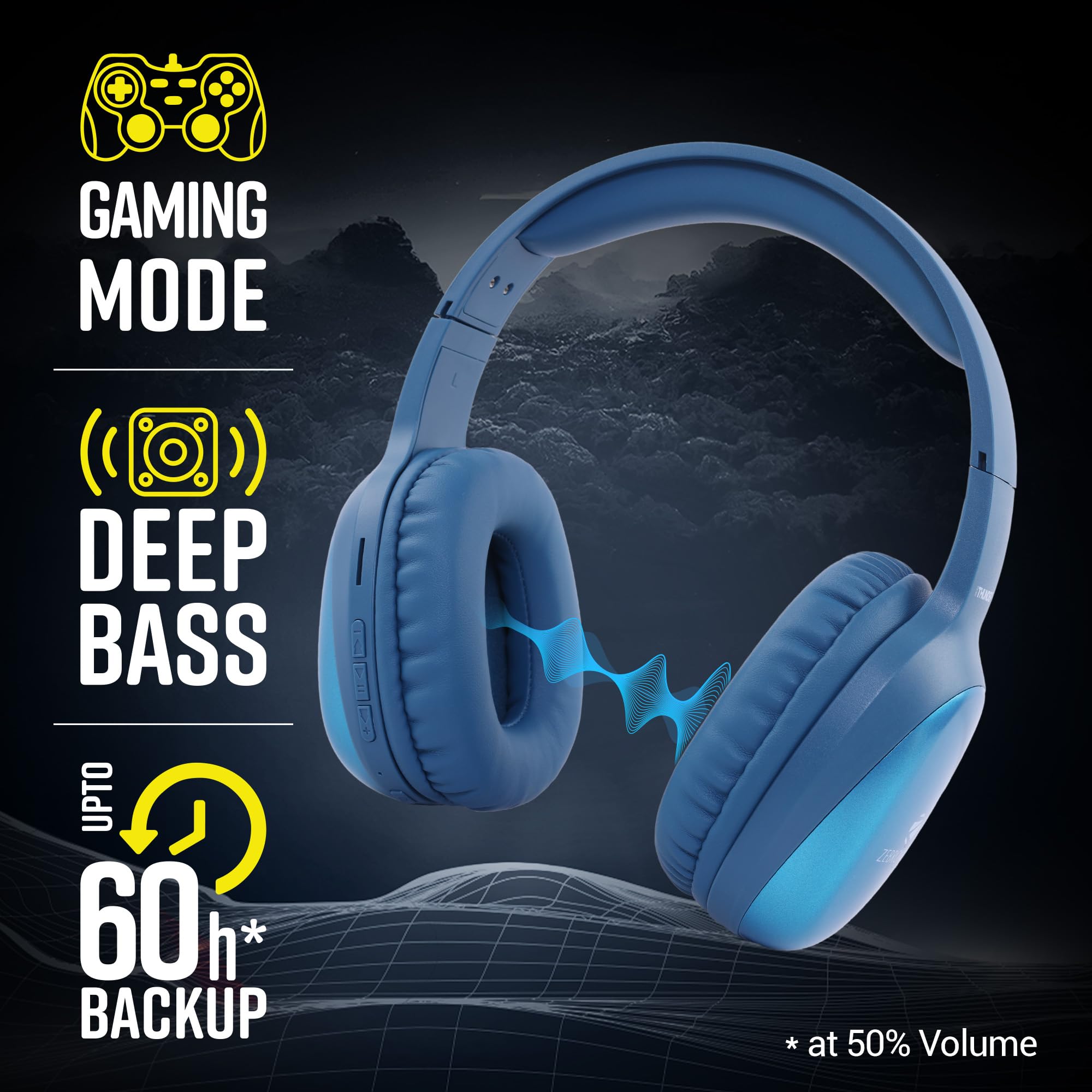 ZEBRONICS Thunder Pro (2026 Upgrade) Wireless Headphones, BT v6.0, True 60 hrs Playback, 40mm Drivers, ENC, Gaming Mode, Dual Pairing, Deep Bass, AUX & microSD, Rapid Charging (Blue) - Image 4