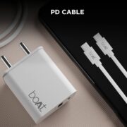 Boat WCDV 22.5W Dual Port Fast Charger, Overheat/Overcharge Protection, Auto Detection for Samsung, Xiaomi & Android Users with Type C to Type C Cable (White)