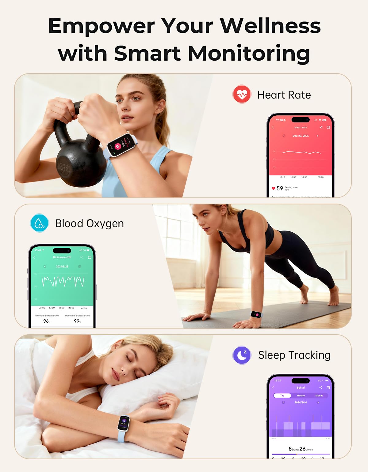 BOALZETD Fitness Tracker with 24/7 Heart Rate Monitor, Sleep Tracker - 3 ATM Waterproof Fitness Watch Calorie Step Counter Smart Watch Includes 3 Sport Bands for Android iOS Women Men, Starlight/Blue - Image 6