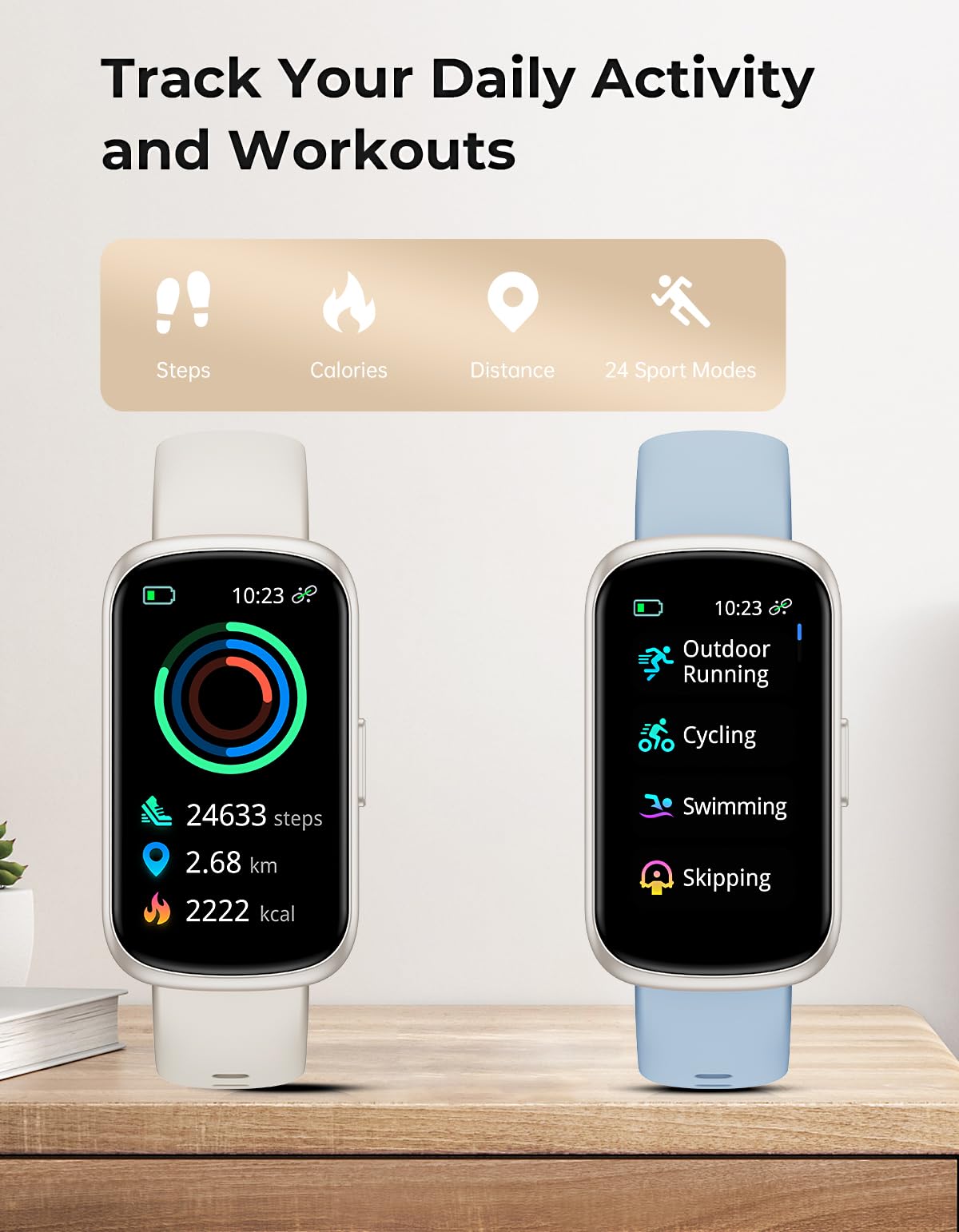 BOALZETD Fitness Tracker with 24/7 Heart Rate Monitor, Sleep Tracker - 3 ATM Waterproof Fitness Watch Calorie Step Counter Smart Watch Includes 3 Sport Bands for Android iOS Women Men, Starlight/Blue - Image 7