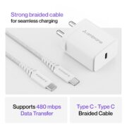Ambrane 25W GaN Mobile Charger Adapter with Charging Cable | Fast Charging for Samsung Smartphones, iPhone 15/14/13/12/11/X & Pro Series & Other Type-C Devices (Charge 25, White)