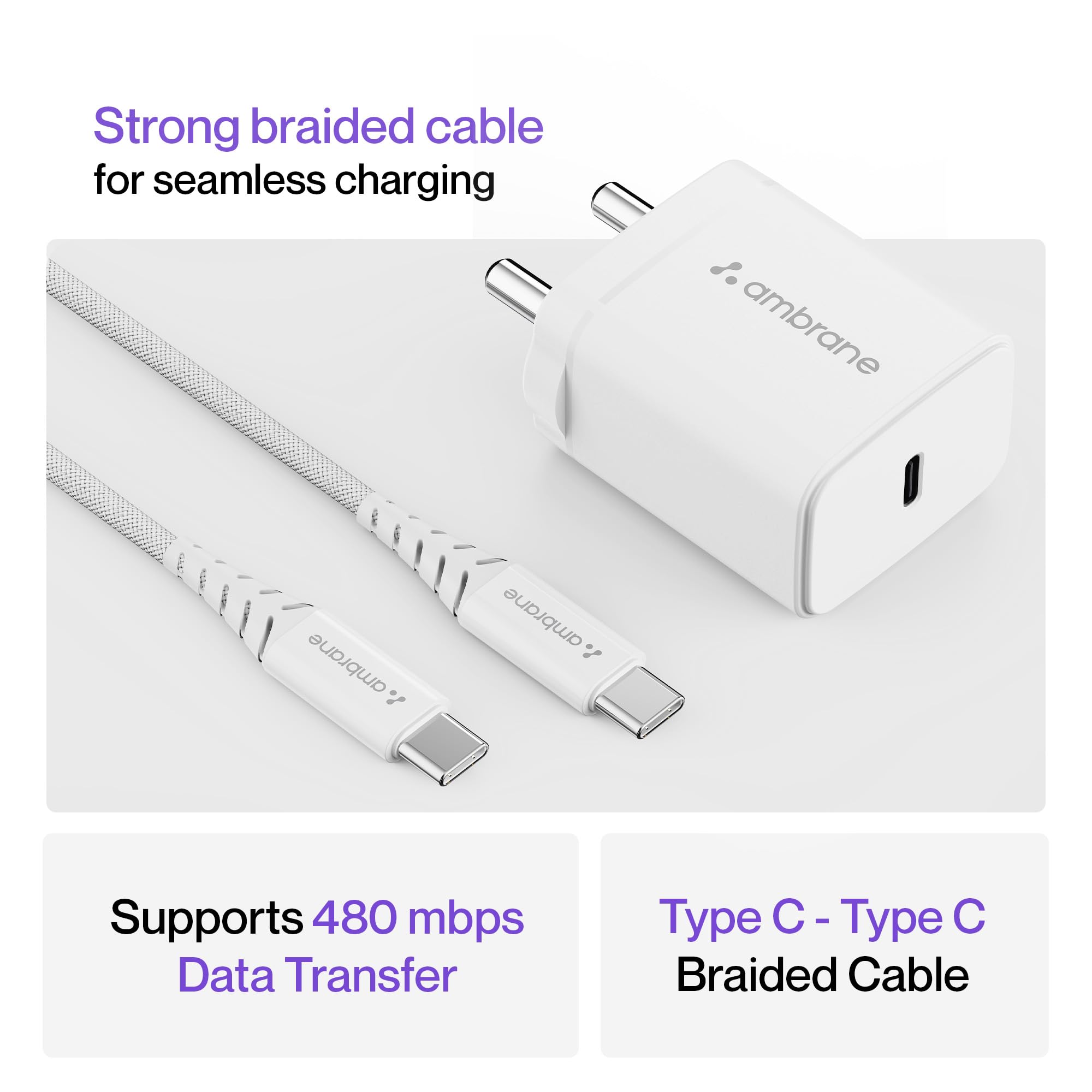 Ambrane 25W GaN Mobile Charger Adapter with Charging Cable | Fast Charging for Samsung Smartphones, iPhone 15/14/13/12/11/X & Pro Series & Other Type-C Devices (Charge 25, White)