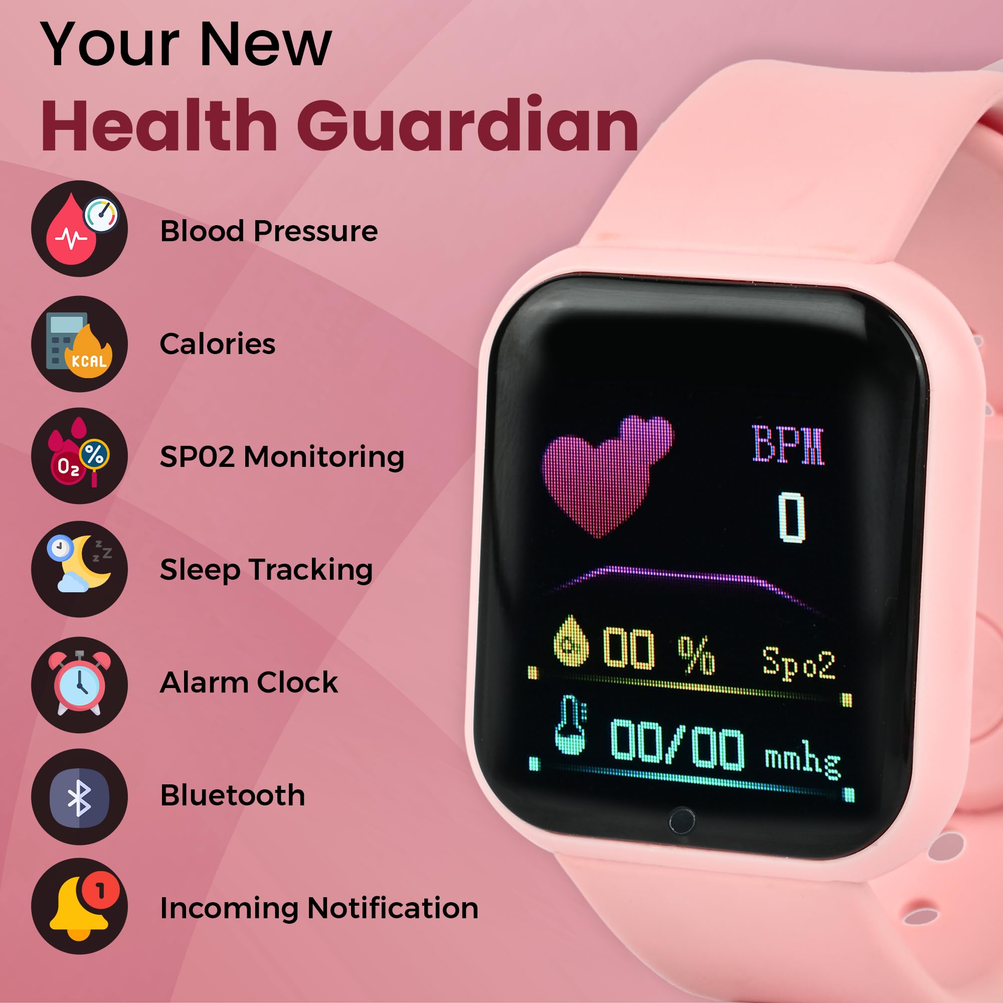 Bouncefit D20 Y68 Fitness Band Smart Watch for Men, Women, Boys, Girls, Kids – Single Touch Interface, Water Resistant, Workout Modes, Quick Charge Sports Smartwatch – Pink - Image 4
