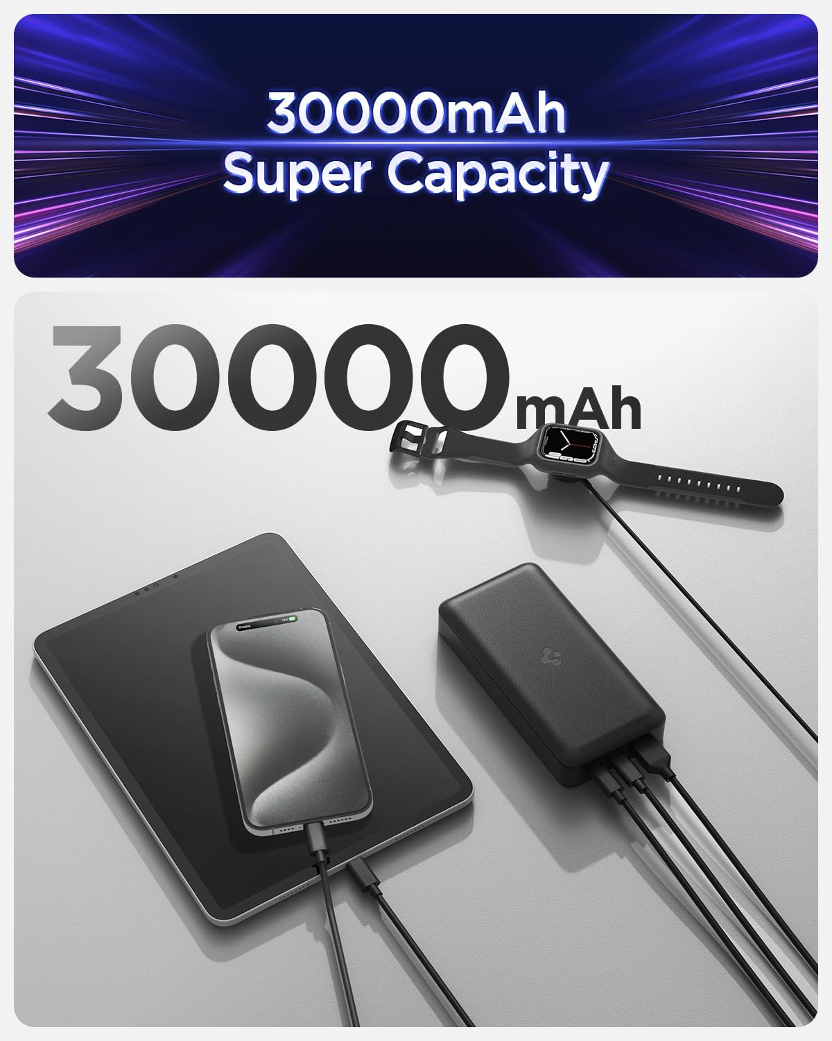 Spigen ArcPack 30000mAh Power Bank, PD3.0, PPS, Fast Charging, 30.0W Max Output, 2 Type-C Ports, 1 USB-A Port - (ABS+PC, Black) - Image 5