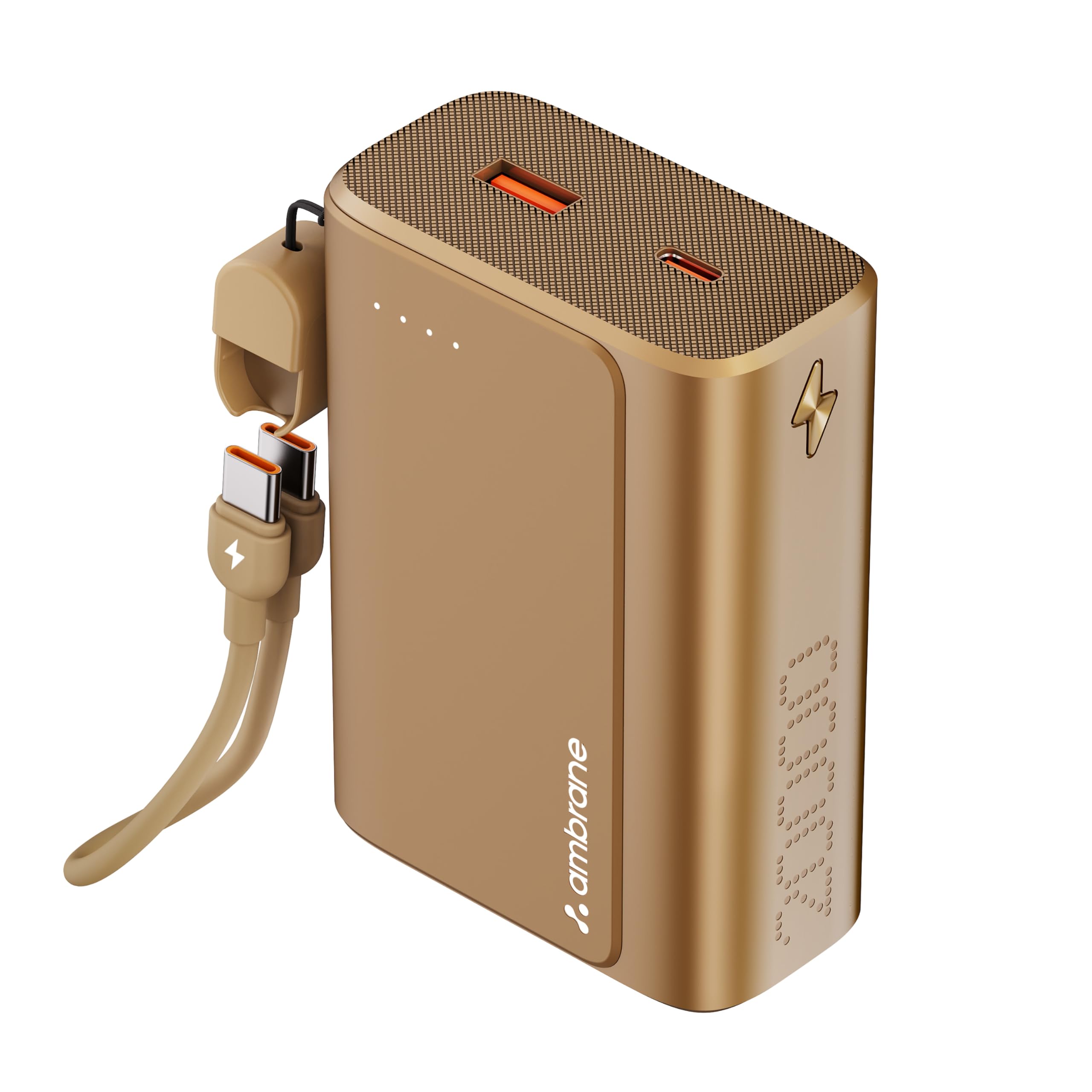 Ambrane 20000mAh 35W Fast Charging Small Pocket Size Powerbank, Hanging InBuilt Type C Cable, Type C PD & USB Output for iPhone, Android Mobiles & Other Devices (PowerMini 20, Golden) - Image 2