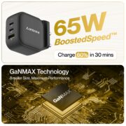 Ambrane 65W Charger Adapter, 3 Ports - 2 Type C & 1 USB for Samsung, Type C Laptops: MacBook, Dell, HP, ASUS, Fast Charger with PD Technology & GaN Technology for All Devices (RAAP G65, Black)