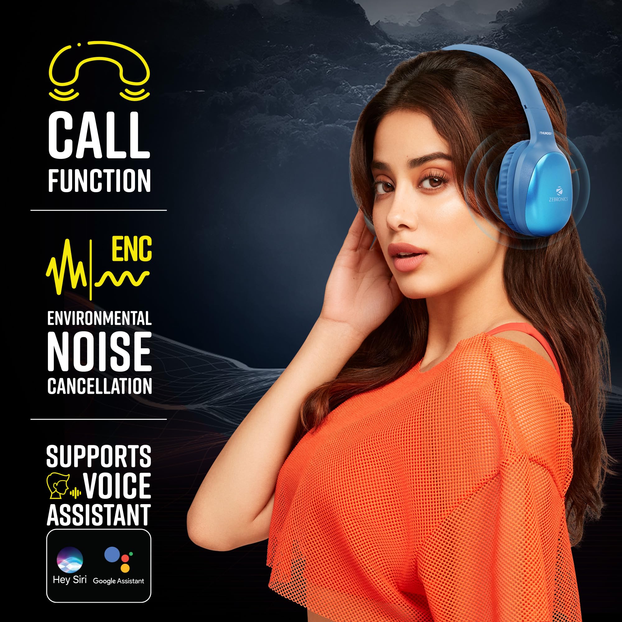 ZEBRONICS Thunder Pro (2026 Upgrade) Wireless Headphones, BT v6.0, True 60 hrs Playback, 40mm Drivers, ENC, Gaming Mode, Dual Pairing, Deep Bass, AUX & microSD, Rapid Charging (Blue) - Image 5