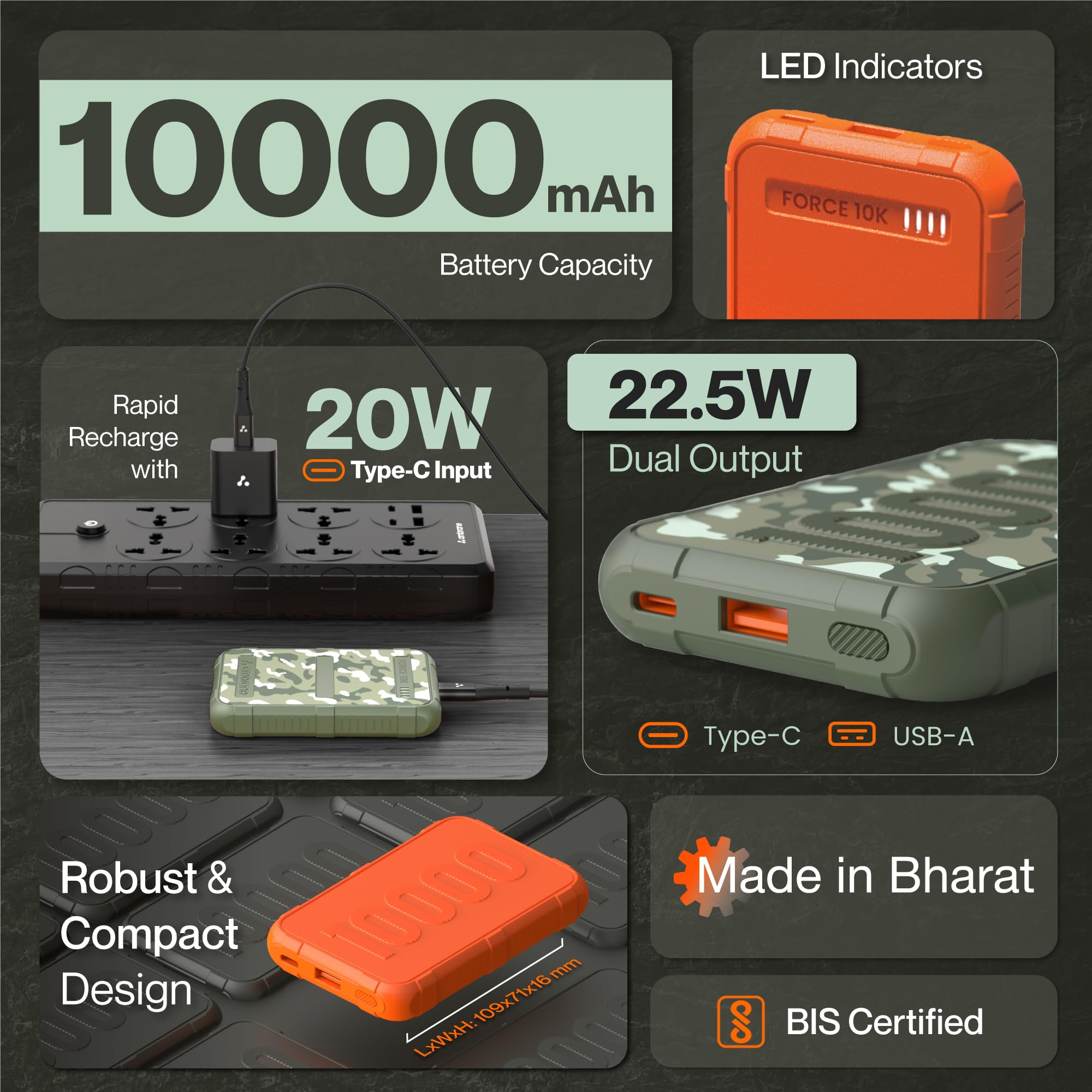 Ambrane 10000mAh Power Bank, Rugged & Slim, 22.5W Fast Charging, Compact & Travel-Friendly, USB & Type-C Output, PD & QC, Compatible with iPhone, Samsung, Oneplus & All Android (Force 10K, Orange) - Image 3